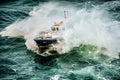 Pilot boat seen from the sky sailing in the middle of a storm Royalty Free Stock Photo