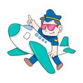 The pilot captain is walking with the airplane, doodle icon image kawaii