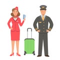 Cartoon pilot and stewardess with luggage and tickets, character for children. Flat vector illustration