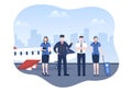 Pilot Cartoon Vector Illustration with Airplane, Air Hostess, City or Airport Background Design