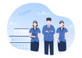 Pilot Cartoon Vector Illustration with Airplane, Air Hostess, City or Airport Background Design