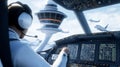 A pilot in the cockpit communicating with the control tower, surrounded by modern aviation technology in a high-detail Royalty Free Stock Photo