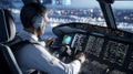 A pilot in the cockpit communicating with the control tower, surrounded by modern aviation technology in a high-detail Royalty Free Stock Photo