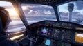 A pilot in the cockpit communicating with the control tower, surrounded by modern aviation technology in a high-detail Royalty Free Stock Photo