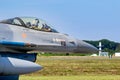 Pilot in the cockpit of a F-16 fighter jet plane taxiing towards the runway at Kleine-Brogel Airbase. Belgium - Sep 8, 2023