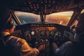 Pilot in Cockpit Flying Commercial Airliner - Back View. AI Royalty Free Stock Photo