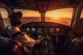 Pilot in Cockpit Flying Commercial Airliner - Back View. AI Royalty Free Stock Photo