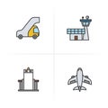 Pilot color icons set. Passengers ladder, flight control tower, metal scanner gate, aircraft symbol. Logo concepts