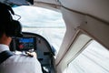 Pilot control plane with joystick in Pilot in the cockpit during take off with runway scene Royalty Free Stock Photo