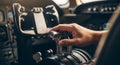 Pilot controls the aircraft throttle during flight in the cockpit of a private jet Royalty Free Stock Photo