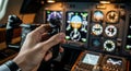 Pilot controls the aircraft using the joystick in the cockpit with flight instruments view Royalty Free Stock Photo