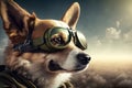 pilot dog in flight jacket and sunglasses, with view of the runway