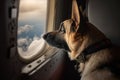 pilot dog sitting on cargo plane, looking out the window Royalty Free Stock Photo