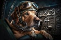 pilot dog sitting in cockpit, checking flight instruments