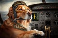 pilot dog sitting in cockpit, checking flight instruments