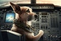 pilot dog sitting in cockpit, with view of controls and instruments