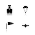 Pilot drop shadow black icons set. Parachute, airport windsock, pilot label symbol. Isolated vector illustrations.