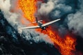 A pilot ejecting from a plane as it spirals into a volcano Royalty Free Stock Photo