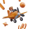 Pilot flies in vintage orange airplane. 3D vector character controls aircraft