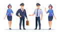 Pilot and flight attendant character set. Friendly pilot and stewardess vector illustration