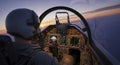 Pilot Flying Fighter Jet at Sunset Royalty Free Stock Photo