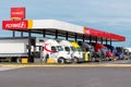 Pilot Flying J Truck Stop fuel island full of tractor trailers. Royalty Free Stock Photo