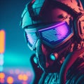 Pilot in a futuristic helmet and protective goggles illuminated in bright neon light. AI-generated.