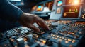 Pilot Hand Adjusting Flight Deck Controls in Modern Airplane Cockpit Royalty Free Stock Photo