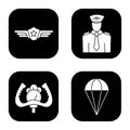 Pilot icons set. Pilot label, aircraft control wheel, parachute symbol. Vector white silhouettes illustrations in black