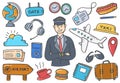 Pilot job or jobs profession carreer doodle hand drawn set collections with flat outline style Royalty Free Stock Photo