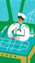 Pilot navigating ship with map and compass in bridge illustration