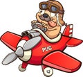 Cute pilot pug flying a tiny red toy airplane.