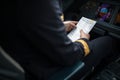 Pilot`s hand accelerating on the throttle in airplane flight cockpit during takeoff