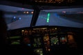 Pilot`s hand accelerating on the throttle in airplane flight cockpit during takeoff Royalty Free Stock Photo