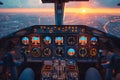 Pilot's perspective in a bright, modern airplane cockpit at sunrise Royalty Free Stock Photo