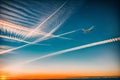 A pilot s plane painting the sunset with its contrail