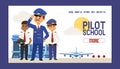 Pilot school vector web page flight crew study and people character piloting aircraft plane airplane flying to airport