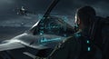Pilot in cockpit with futuristic heads up display and jet aircraft in flight against a dramatic background Royalty Free Stock Photo