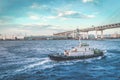 pilot ship or Tug ship in is guiding a large Cruise ship boat out to the ocean in Yokohama Japan Royalty Free Stock Photo