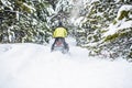 Pilot on a sports snowmobile in a mountain forest. Athlete rides a snowmobile in the mountains. Snowmobile in snow