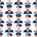 Pilot and stewardess face in uniform airport character flight plane travel people attendant professional seamless