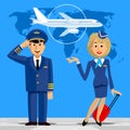 Pilot and stewardess in uniform on blue background with world ma
