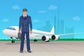 Pilot in uniform near airplane at the airport. Vector illustration.