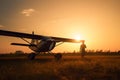 Pilot walking away after a mission at sunset. Neural network AI generated Royalty Free Stock Photo