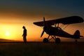 Pilot walking away after a mission at sunset. Neural network AI generated Royalty Free Stock Photo