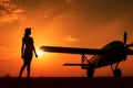 Pilot walking away after a mission at sunset. Neural network AI generated Royalty Free Stock Photo