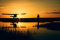 Pilot walking away after a mission at sunset. Neural network AI generated Royalty Free Stock Photo