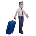 A pilot is walking with his right hand pulling a blue suitcase and his left hand pointing forward Royalty Free Stock Photo