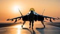 Pilot on walkway with fighterjet and sunset in background. Photorealistic hihg resolution concept design illustration Royalty Free Stock Photo