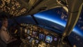 Pilot at work inside modern jet passenger airliner flight deck. Beautiful view from the cockpit, flight and navigation instrument Royalty Free Stock Photo